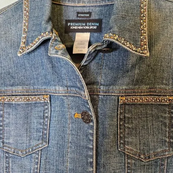 Jones New York Sport stretch denim jacket with beaded accent. M. - Picture 2 of 5